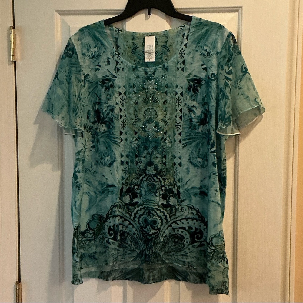 Time and Tru Teal Floral Print Short Sleeve Tunic